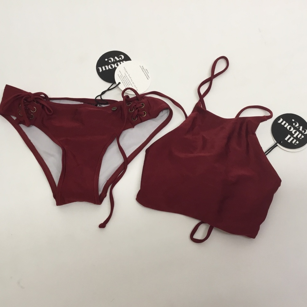NWT ALL ABOUT EVE UK 8 MAROON HALTER STRING BIKINI